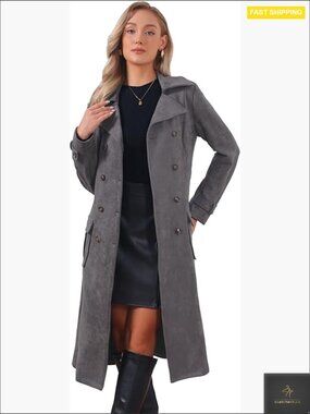 Faux Suede Trench Coat Double Breasted Pea Coat Overcoat Elegant Winter